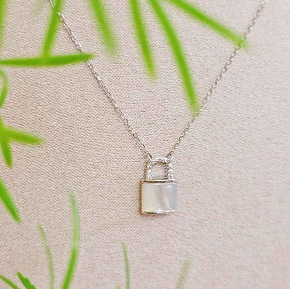 Sterling Silver Mother of Pearl Dainty Pendant Lock - Picture 8 of 12